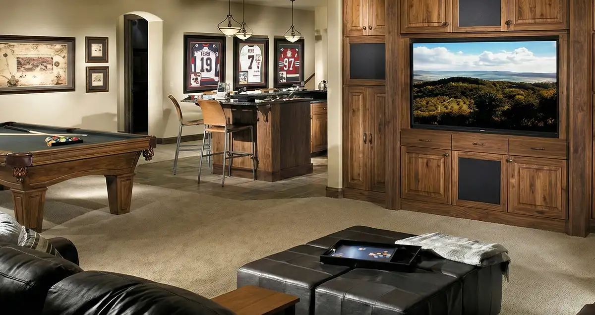 finished basement remodeling project transforming a basement into a comfortable living space in Houston, TX