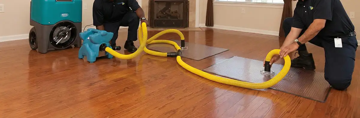 emergency water removal technicians extracting standing water from a home using professional equipment in Houston, TX