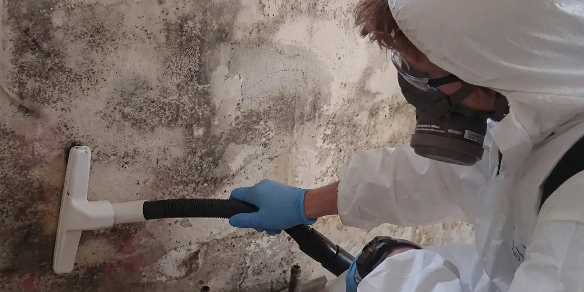professional mold removal technician wearing protective equipment removing mold from a wall in Houston, TX