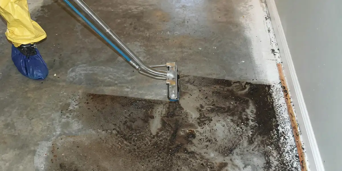sewage removal technicians extracting contaminated wastewater from a residential floor in Houston, TX
